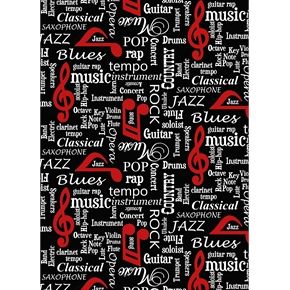 Musicality Musical Genres on Black with Red Notes