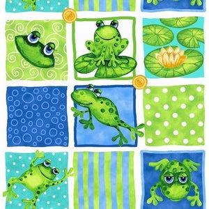 End of Bolt Blank Quilting Green and Dark Blue Frog Fabric