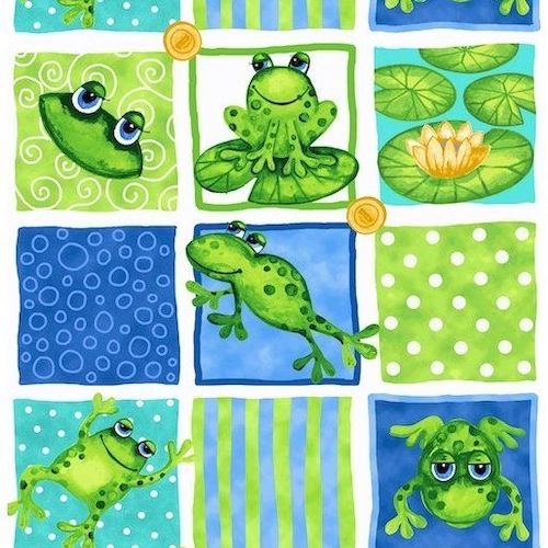 Fat Quarter frenzy Children Blank Quilting Green and Dark Blue Frog Fabric